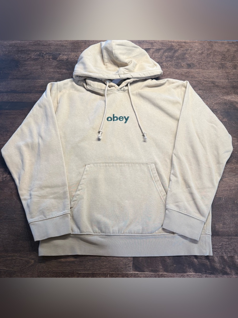 Obey Cream Pullover Hoodie with Teal Logo